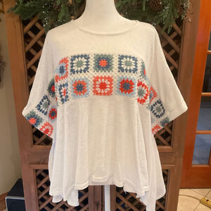 Rockin C Boho Crochet Patchwork Top Short Sleeve Flowy Blouse Size M